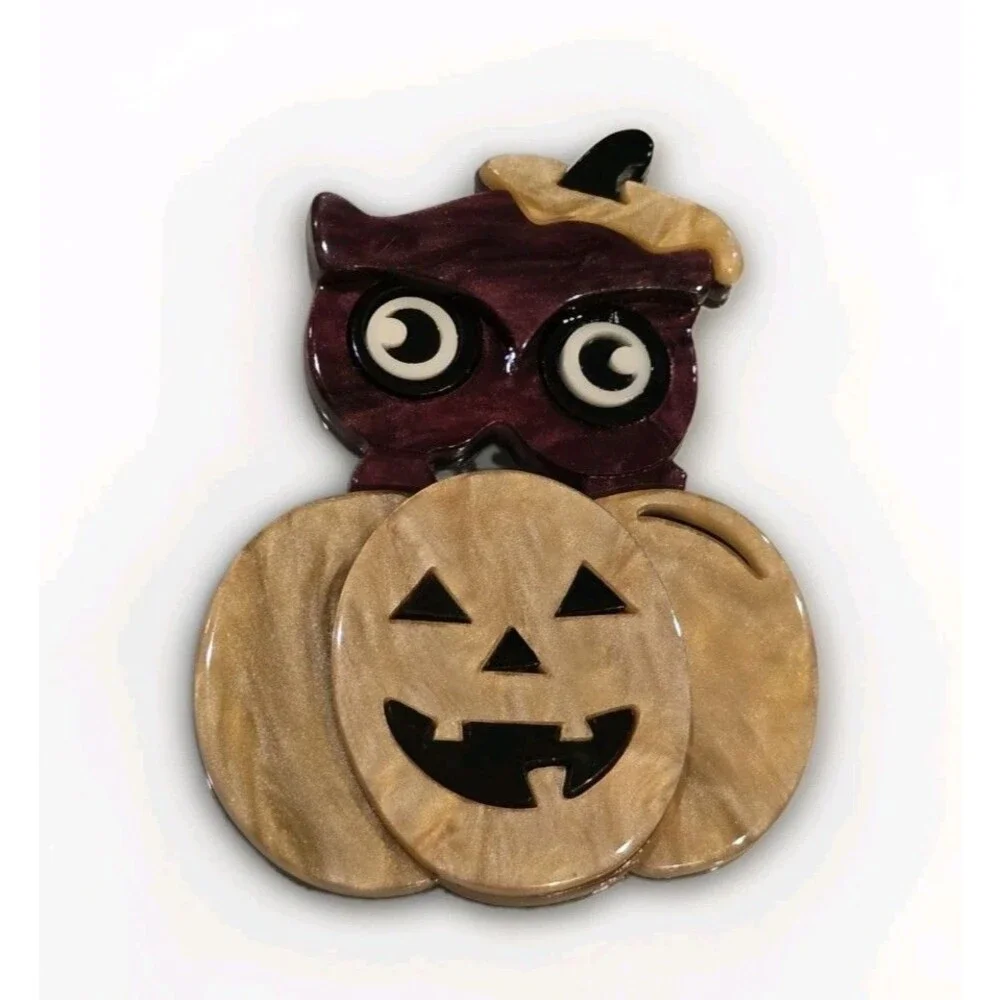 Pumpkin Patch Owl Jack O Lantern Acrylic Halloween Brooch Pin #1394